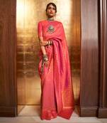 Rose Banarasi Silk Gold Zari Weaving Border And Pallu Saree With Blouse For Women 