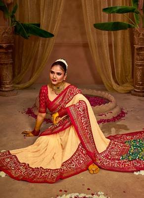 Premium georgette chikankari embroidered saree with patola border with unstitched blouse 2