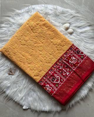 Premium georgette chikankari embroidered saree with patola border with unstitched blouse 4