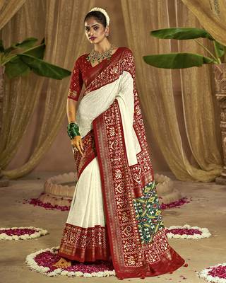 Premium georgette chikankari embroidered saree with patola border with unstitched blouse 1
