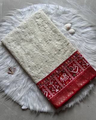 Premium georgette chikankari embroidered saree with patola border with unstitched blouse 3
