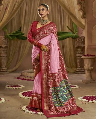 Premium georgette chikankari embroidered saree with patola border with unstitched blouse 1