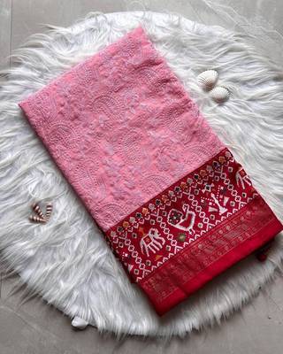 Premium georgette chikankari embroidered saree with patola border with unstitched blouse 3