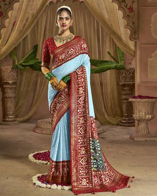 Premium georgette chikankari embroidered saree with patola border with unstitched blouse 1