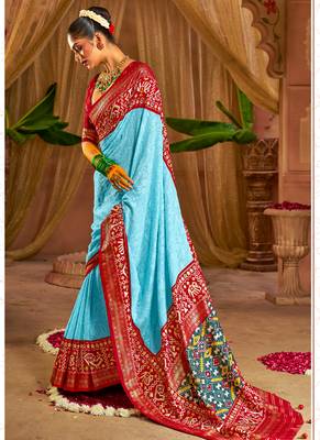 Premium georgette chikankari embroidered saree with patola border with unstitched blouse 2