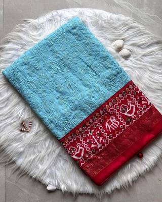 Premium georgette chikankari embroidered saree with patola border with unstitched blouse 4