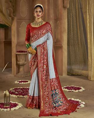 Premium georgette chikankari embroidered saree with patola border with unstitched blouse 1