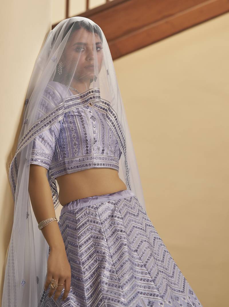 Lavender Colored Thread & Sequins Embroidered Silk Lehenga Choli For Wedding