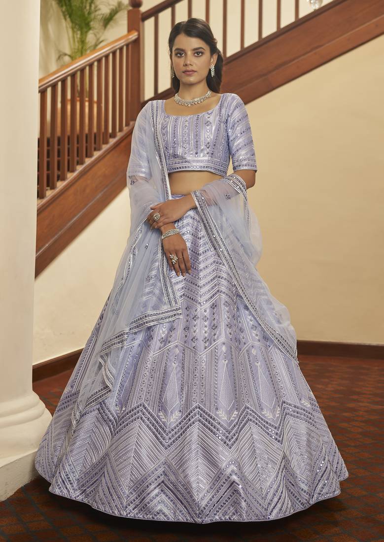 Lavender Colored Thread & Sequins Embroidered Silk Lehenga Choli For Wedding