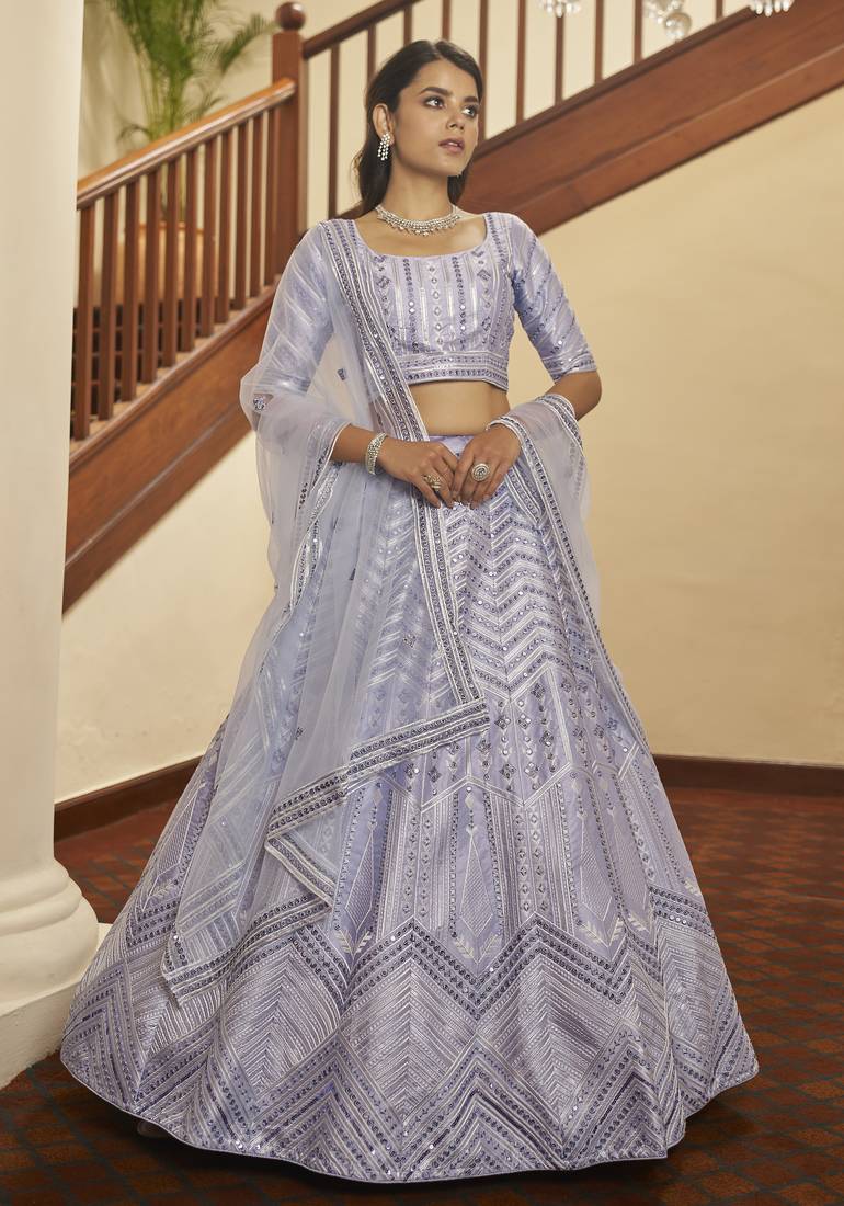 Lavender Colored Thread & Sequins Embroidered Silk Lehenga Choli For Wedding