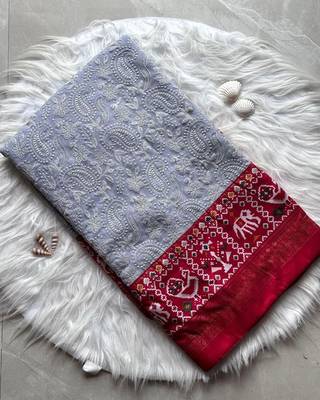 Premium georgette chikankari embroidered saree with patola border with unstitched blouse 3