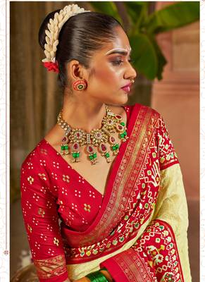 Premium georgette chikankari embroidered saree with patola border with unstitched blouse 2