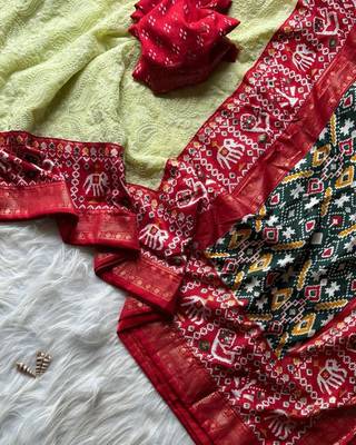 Premium georgette chikankari embroidered saree with patola border with unstitched blouse 3