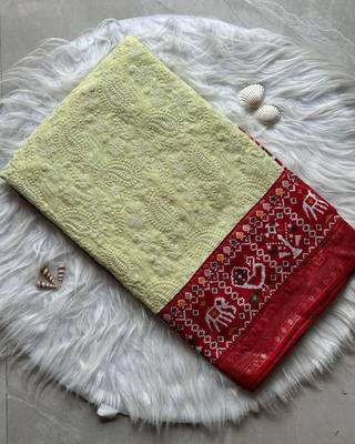 Premium georgette chikankari embroidered saree with patola border with unstitched blouse 4