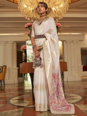 Off White Silk Blend Zari Weaving Border And Pallu Saree With Blouse For Women  1