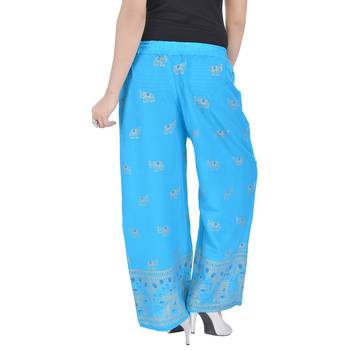 Turquoise Jaipuri Gold Print Cotton Palazzo 2