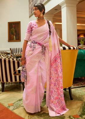 Pink Silk Blend Zari Weaving Border And Pallu Saree With Blouse For Women  1