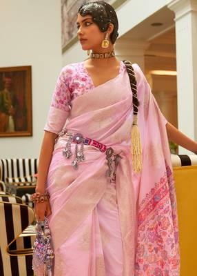 Pink Silk Blend Zari Weaving Border And Pallu Saree With Blouse For Women  3