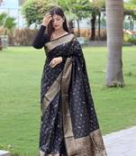 Black colour soft  silk saree with copper and golden zari weaved border and pallu