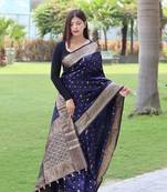 Blue colour soft  silk saree with copper and golden zari weaved border and pallu