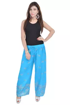 Turquoise Jaipuri Gold Print Cotton Palazzo