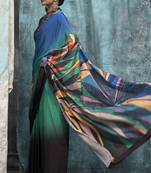 Blue Crepe Silk Beautiful Printed Weaving Pallu Saree With Blouse For Women