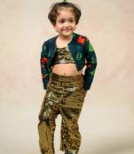 Antique gold metallic tube top with a metallic pants and  flaming lily print short jacket