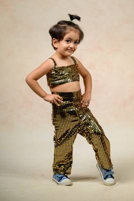 Antique gold metallic tube top with a metallic pants and  flaming lily print short jacket 2