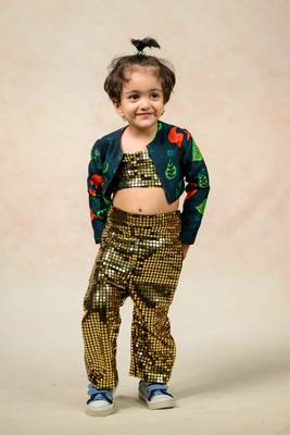 Antique gold metallic tube top with a metallic pants and  flaming lily print short jacket 3