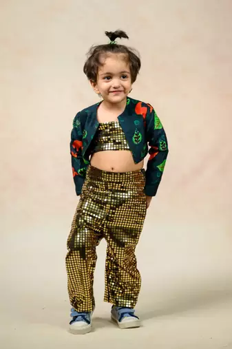 Antique gold metallic tube top with a metallic pants and  flaming lily print short jacket