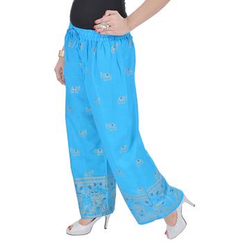 Turquoise Jaipuri Gold Print Cotton Palazzo 4
