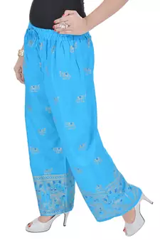 Turquoise Jaipuri Gold Print Cotton Palazzo