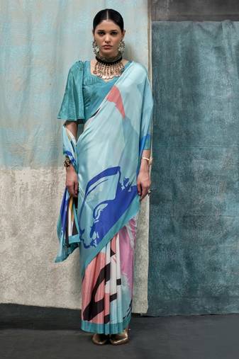 Teal Crepe Silk Beautiful Printed Weaving Pallu Saree With Blouse For Women 
