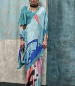 Teal Crepe Silk Beautiful Printed Weaving Pallu Saree With Blouse For Women