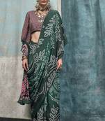Green Crepe Silk Beautiful Printed Weaving Pallu Saree With Blouse For Women