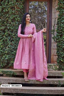 Women's chinnon silk Shimmer anarkali gown with dupatta sets 1