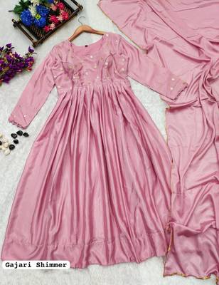 Women's chinnon silk Shimmer anarkali gown with dupatta sets 3