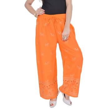 Orange Jaipuri Gold Print Cotton Palazzo 1