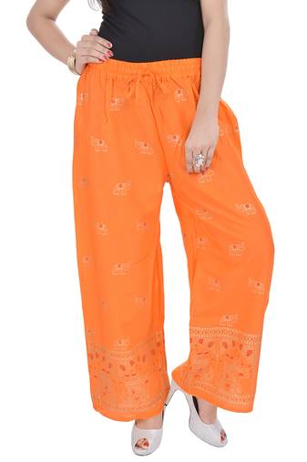 Orange Jaipuri Gold Print Cotton Palazzo
