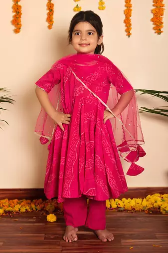 Bachpan bhandhej pink cotton anarkali  set