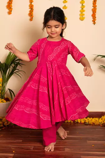 Bachpan bhandhej pink cotton anarkali  set