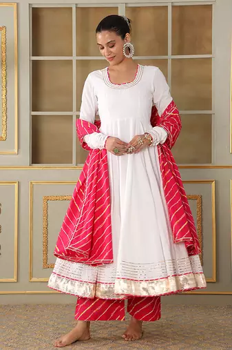 Saadgi pink leheriya white anarkali set