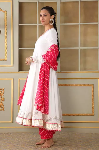 Saadgi pink leheriya white anarkali set