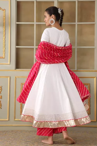Saadgi pink leheriya white anarkali set