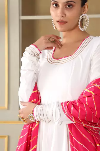 Saadgi pink leheriya white anarkali set