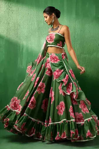 Adaa Green Carnation Organza Lehenga Set