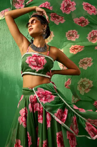 Adaa Green Carnation Organza Lehenga Set