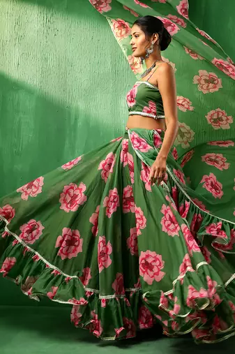 Adaa Green Carnation Organza Lehenga Set