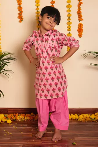 Bachpan gulbhar pink hand block kurta set