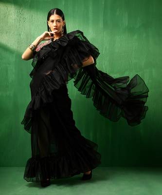 Adaa black organza ruffle saree 1
